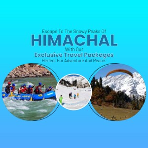Image promoting travel packages to Himachal Pradesh featuring rafting, skiing, and paragliding.