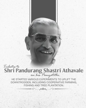 Portrait of Pandurang Shastri Athavale with text commemorating his Punyatithi