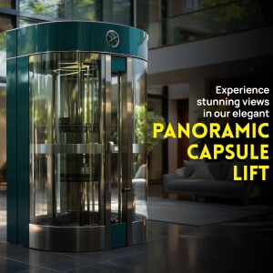 Modern panoramic capsule lift in a luxurious building lobby