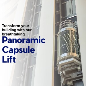 Modern panoramic capsule lift in a high-rise building