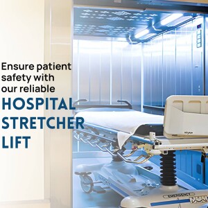 Hospital stretcher lift with text overlay promoting patient safety.