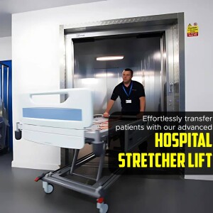 A hospital worker operating an advanced stretcher lift inside an elevator.