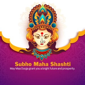 Illustration of Goddess Durga with text 'Subho Maha Shashti'