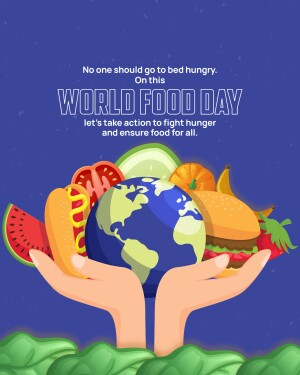 Illustration of hands holding a globe surrounded by food, promoting World Food Day.