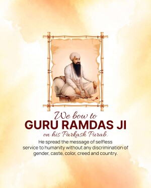 Portrait of Guru Ramdas Ji with text commemorating his Parkash Purab