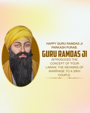 Portrait of Guru Ramdas Ji with text celebrating Parkash Purab
