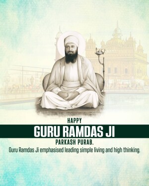 Portrait of Guru Ramdas Ji with the Golden Temple in the background and text 'Happy Guru Ramdas Ji'