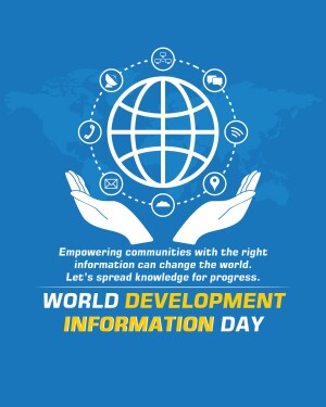 Illustration of hands holding a globe with icons representing communication and information, promoting World Development Information Day.
