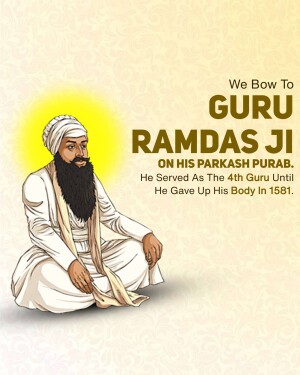 Portrait of Guru Ramdas Ji with text commemorating his Prakash Purab