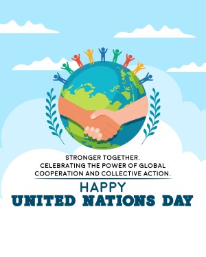Illustration of hands shaking around the Earth with people on top, celebrating United Nations Day.