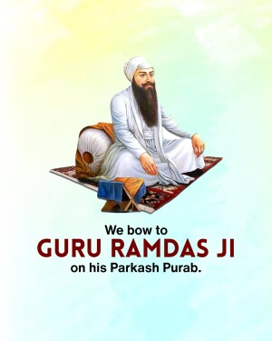 Portrait of Guru Ramdas Ji with text commemorating his Parkash Purab