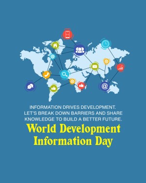 World map with communication icons and text promoting information sharing for global development.
