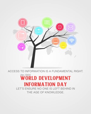Illustration of a tree with icons representing technology and communication, overlaid on a world map, with text promoting World Development Information Day.