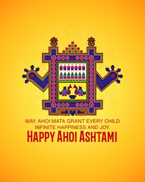 Colorful illustration of a traditional Ahoi Ashtami design with peacocks and children.