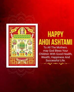 Ahoi Ashtami greeting card with a depiction of Goddess Ashtami and blessings for children.