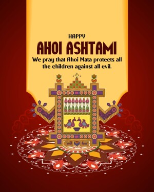 Ahoi Ashtami greeting card with a decorated pot and floral design.