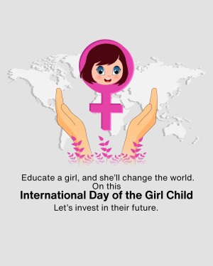 Illustration of hands holding a female symbol over a world map, celebrating International Day of the Girl Child.