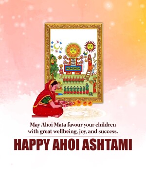Ahoi Ashtami greeting card with a woman performing puja and a traditional painting in the background.