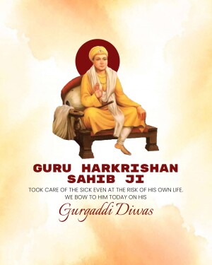 Portrait of Guru Harkrishan Sahib Ji with Gurugaddi Diwas text