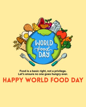 Illustration depicting various foods surrounding a globe with the text 'World Food Day'.