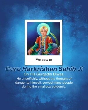 Portrait of Guru Harkrishan Sahib Ji with text commemorating Gurugaddi Diwas