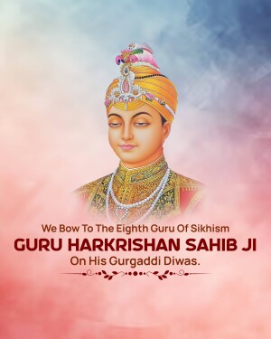 Portrait of Guru Harkrishan Sahib Ji with text commemorating Gurugaddi Diwas