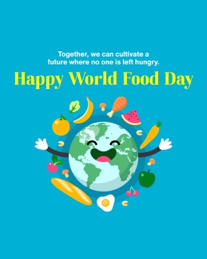Illustration of a smiling Earth surrounded by fruits and vegetables, celebrating World Food Day.