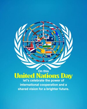 United Nations emblem with flags and text celebrating UN Day