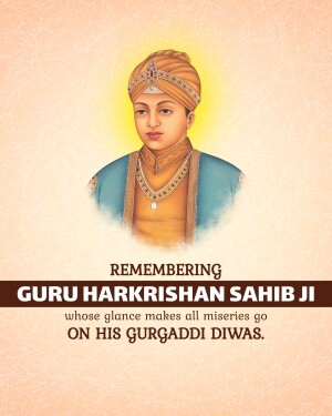 Portrait of Guru Harkrishan Sahib Ji with text commemorating GurGaddi Diwas