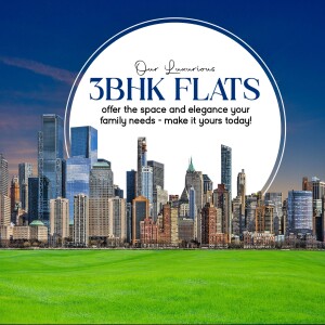 Image of 3BHK flats with a city skyline background