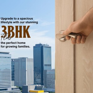 Hand opening a door to a modern city view, advertising 3BHK flats.