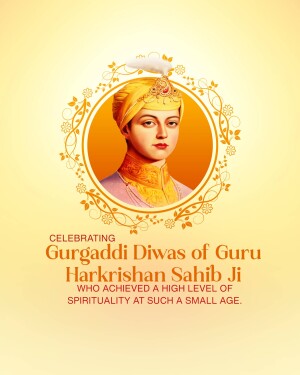 Portrait of Guru Harkrishan Sahib Ji with floral decorations and celebratory text