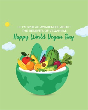 Illustration of fruits and vegetables arranged in the shape of the Earth with the text 'Happy World Vegan Day'