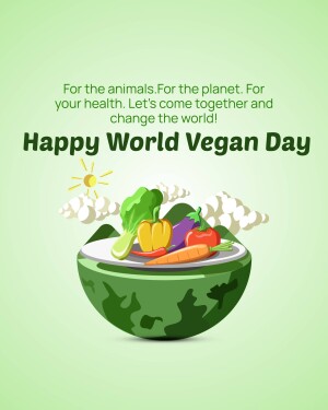 Illustration of vegetables and fruits on a globe with text 'Happy World Vegan Day'