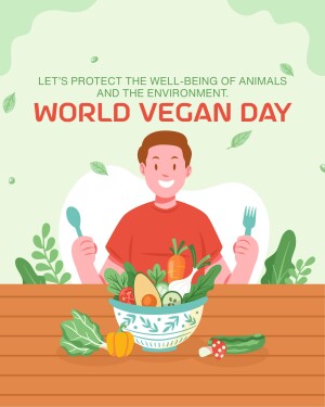 Illustration promoting World Vegan Day with a person and a bowl of vegetables.