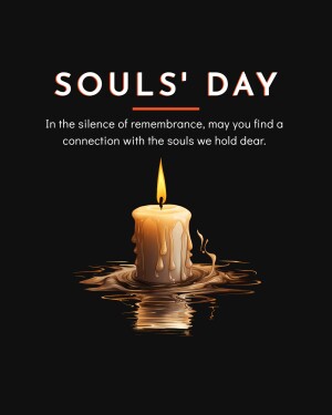 A lit candle with melting wax on a black background with the text 'Souls' Day'