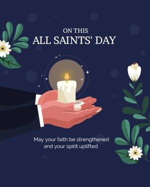Illustration of a hand holding a lit candle with floral decorations for All Saints' Day.