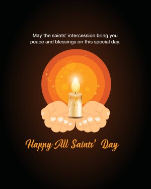 Image of hands holding a lit candle with a glowing halo and text 'Happy All Saints' Day'