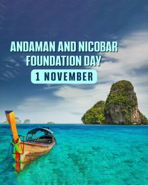 Image commemorating Andaman and Nicobar Foundation Day with a scenic view of islands and a boat.