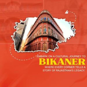 Image of a historic building in Bikaner, Rajasthan with a travel promotion.
