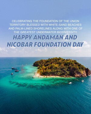 Aerial view of islands and turquoise water with text celebrating Andaman and Nicobar Foundation Day