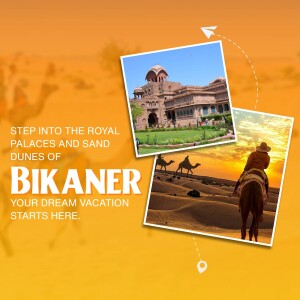 Travel poster for Bikaner, Rajasthan, featuring palaces, camels, and desert landscapes.