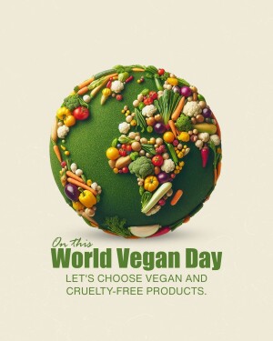 A globe made entirely of fresh fruits and vegetables with the text 'World Vegan Day'
