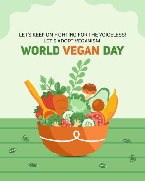 A colorful illustration promoting World Vegan Day with a bowl of fresh vegetables and fruits.