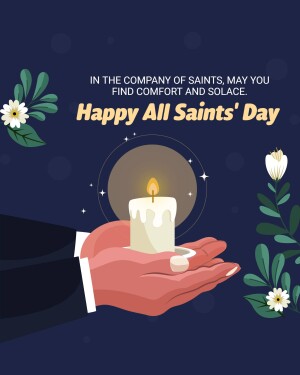 All Saints' Day illustration with a hand holding a candle and floral decorations.
