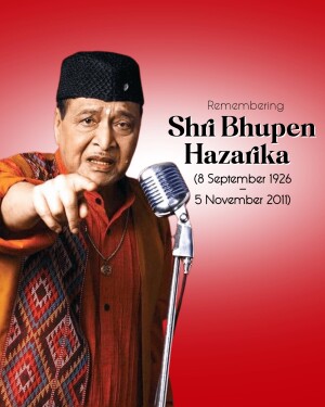 Portrait of Bhupen Hazarika with a microphone