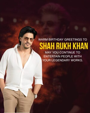 Shah Rukh Khan birthday greeting with a portrait and festive background.