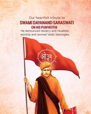 Image commemorating Swami Dayanand Saraswati's Punyathithi with a portrait and flag.