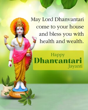Image of Lord Dhanvantari with a Dhanvantari Jayanti greeting.