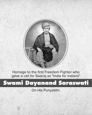 Portrait of Swami Dayanand Saraswati with text commemorating his Punyatithi